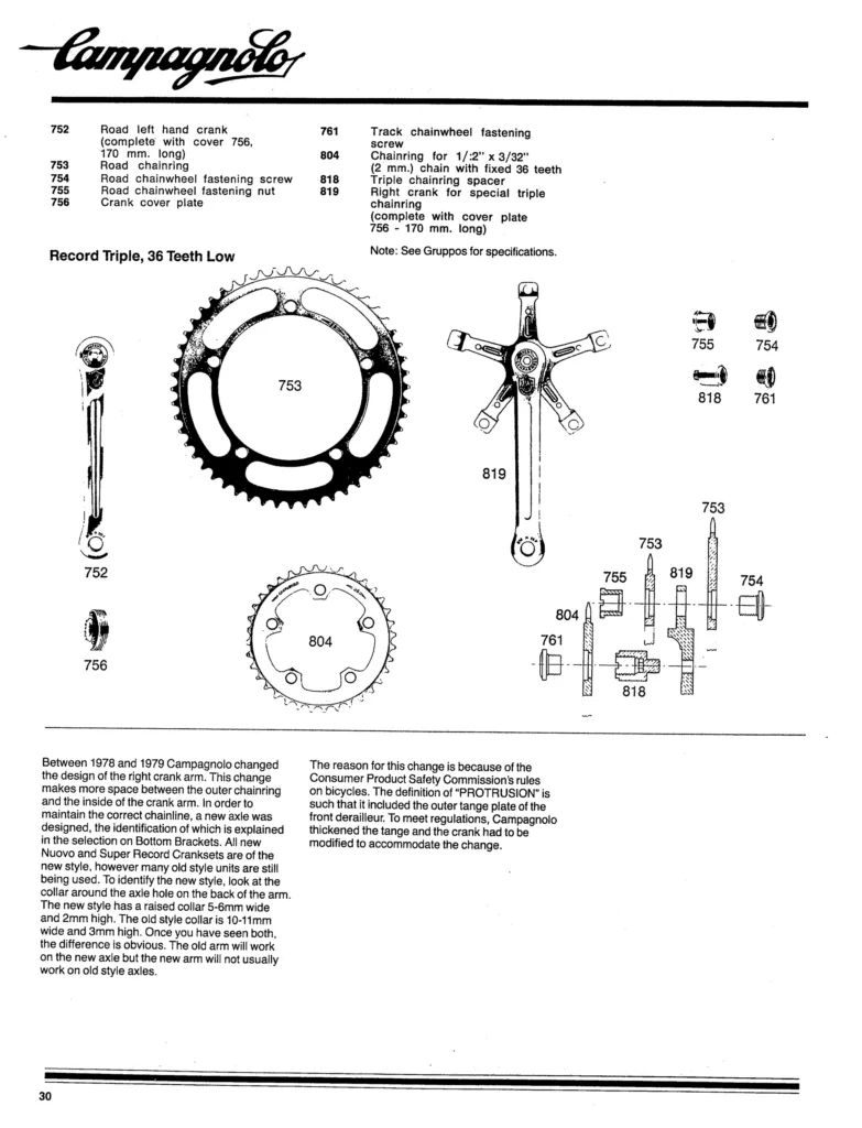 Catalog page under the Campagnolo script logo with a parts list and photographs of a Record triple crankset laid out part by part, above two columns of text explaining the change to the right crank arm between 1978 and 1979