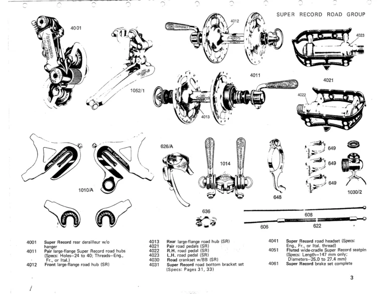 Campagnolo 1975 Catalog 17a — Super Record, Nuovo Record, Gran Sport, Rally and Valentino, with Every Part Numbered — page 6 of 57