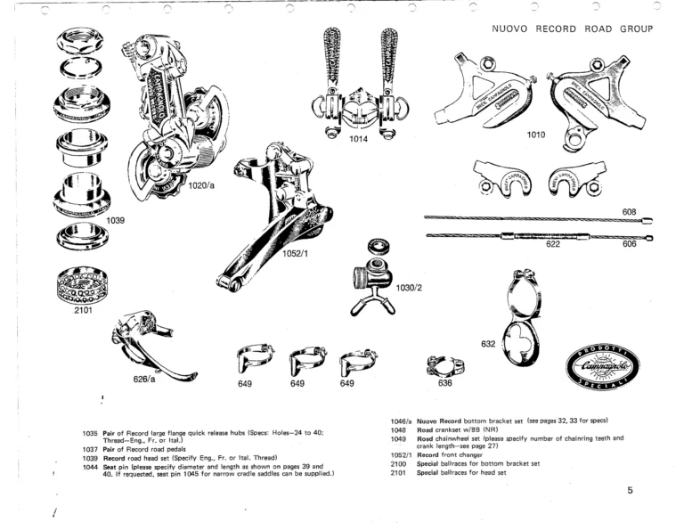 Campagnolo 1975 Catalog 17a — Super Record, Nuovo Record, Gran Sport, Rally and Valentino, with Every Part Numbered — page 8 of 57