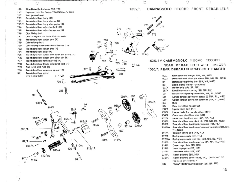Campagnolo 1975 Catalog 17a — Super Record, Nuovo Record, Gran Sport, Rally and Valentino, with Every Part Numbered — page 16 of 57