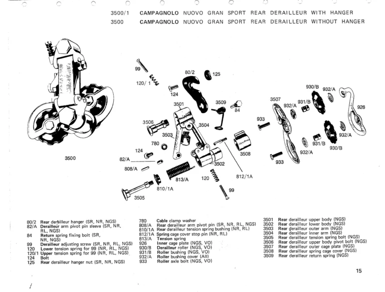 Campagnolo 1975 Catalog 17a — Super Record, Nuovo Record, Gran Sport, Rally and Valentino, with Every Part Numbered — page 18 of 57