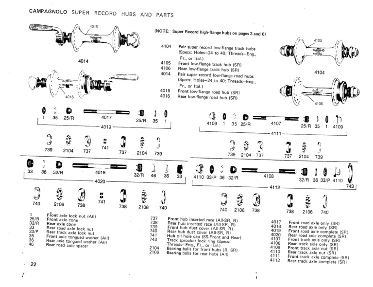 Campagnolo 1975 Catalog 17a — Super Record, Nuovo Record, Gran Sport, Rally and Valentino, with Every Part Numbered — page 25 of 57