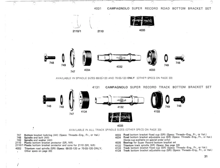 Campagnolo 1975 Catalog 17a — Super Record, Nuovo Record, Gran Sport, Rally and Valentino, with Every Part Numbered — page 34 of 57