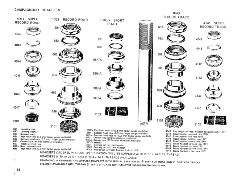 Campagnolo 1975 Catalog 17a — Super Record, Nuovo Record, Gran Sport, Rally and Valentino, with Every Part Numbered — page 37 of 57