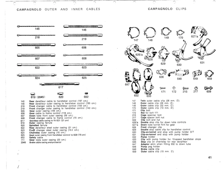 Campagnolo 1975 Catalog 17a — Super Record, Nuovo Record, Gran Sport, Rally and Valentino, with Every Part Numbered — page 44 of 57