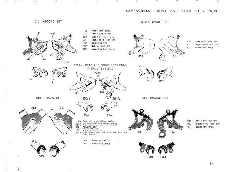 Campagnolo 1975 Catalog 17a — Super Record, Nuovo Record, Gran Sport, Rally and Valentino, with Every Part Numbered — page 46 of 57