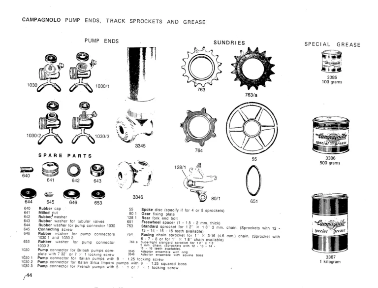 Campagnolo 1975 Catalog 17a — Super Record, Nuovo Record, Gran Sport, Rally and Valentino, with Every Part Numbered — page 47 of 57