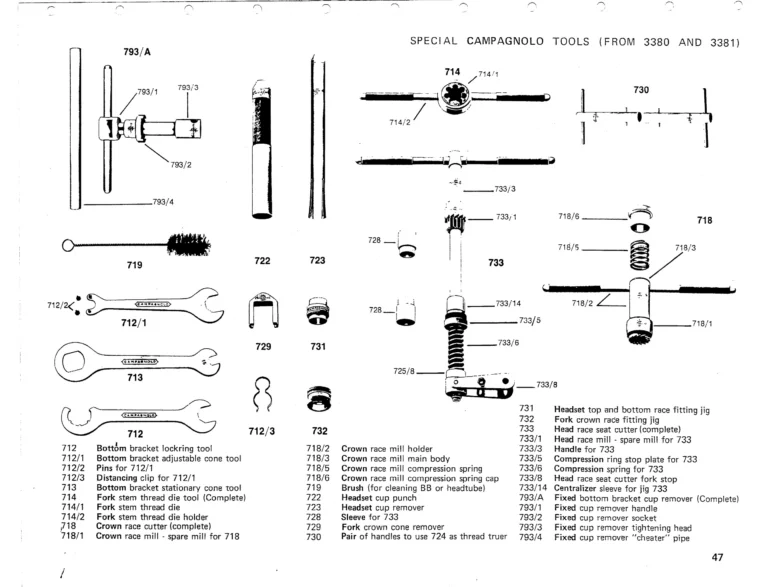 Campagnolo 1975 Catalog 17a — Super Record, Nuovo Record, Gran Sport, Rally and Valentino, with Every Part Numbered — page 50 of 57
