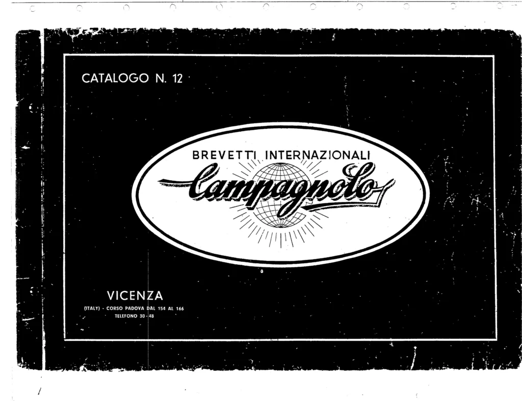 The black front cover of a Campagnolo catalog, with the words Brevetti Internazionali above the Campagnolo script logo over a radiating globe inside a white oval.