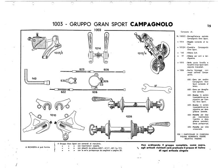 Campagnolo Catalog No. 12 of about 1955 — The Corsa and Paris-Roubaix Gears, the Gran Sport and Sport Derailleurs, Hubs, Dropouts and Tools — page 17 of 26