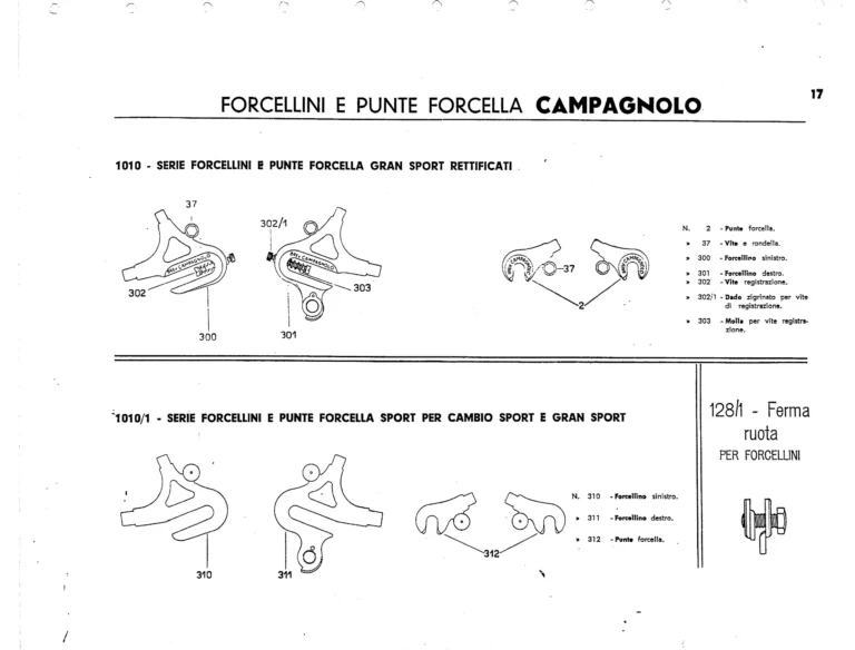 Campagnolo Catalog No. 12 of about 1955 — The Corsa and Paris-Roubaix Gears, the Gran Sport and Sport Derailleurs, Hubs, Dropouts and Tools — page 19 of 26