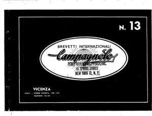 The front cover of Campagnolo catalog N. 13: a white oval with the Brevetti Internazionali Campagnolo script logo and globe on a black field, with the Vicenza address below.