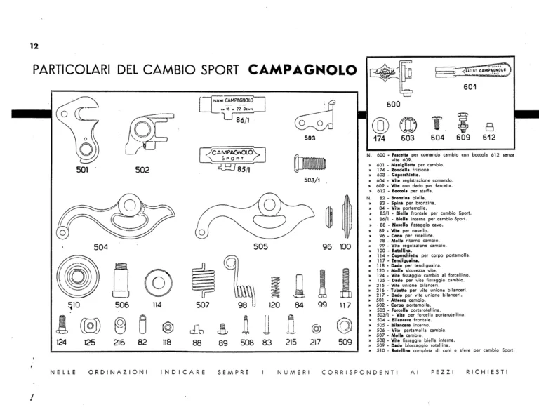 Campagnolo Catalog No. 13 of about 1956 — Corsa, Paris-Roubaix, Gran Sport and Sport Gears, Large-Flange Hubs and the Special Controls — page 14 of 26