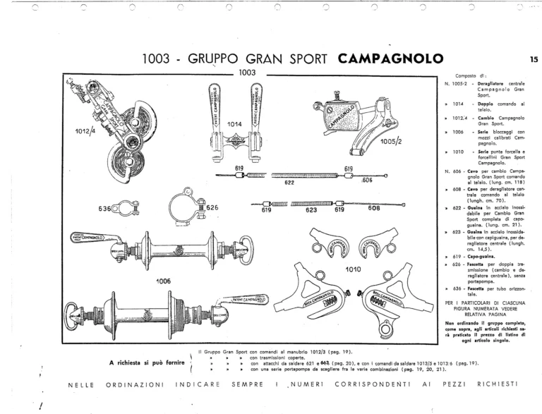 Campagnolo Catalog No. 13 of about 1956 — Corsa, Paris-Roubaix, Gran Sport and Sport Gears, Large-Flange Hubs and the Special Controls — page 17 of 26