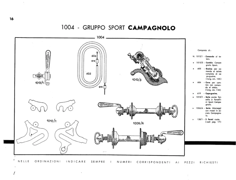 Campagnolo Catalog No. 13 of about 1956 — Corsa, Paris-Roubaix, Gran Sport and Sport Gears, Large-Flange Hubs and the Special Controls — page 18 of 26