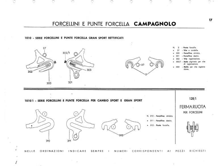 Campagnolo Catalog No. 13 of about 1956 — Corsa, Paris-Roubaix, Gran Sport and Sport Gears, Large-Flange Hubs and the Special Controls — page 19 of 26