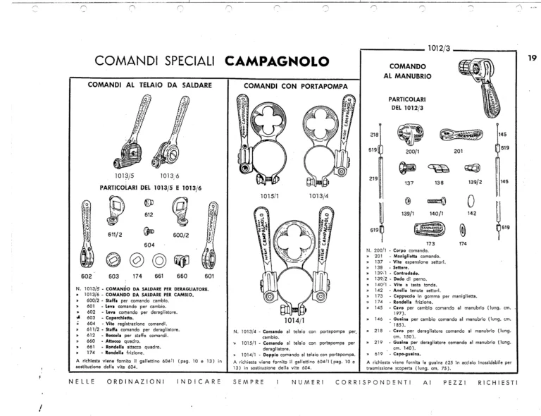 Campagnolo Catalog No. 13 of about 1956 — Corsa, Paris-Roubaix, Gran Sport and Sport Gears, Large-Flange Hubs and the Special Controls — page 21 of 26
