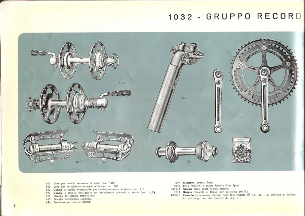 Catalog drawings on a blue-green panel of the parts of the Campagnolo 1032 Gruppo Record: quick-release hubs, a seat post, a cotterless crankset and pedals, with a parts list.