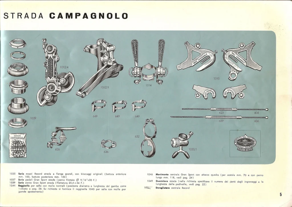 Catalog page printed on a blue-green panel with drawings of the parts of the Campagnolo 1032 Gruppo Record for the road: a headset, a Gran Sport rear derailleur, the Record front derailleur, double down tube levers, dropouts, cable clips and a framed frame decal, above a parts list in Italian