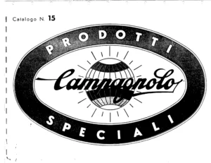 The front cover of Campagnolo Catalogo N. 15, a large oval emblem with "Prodotti Speciali" lettered around a dark band and the Campagnolo script name across a striped globe with radiating lines.