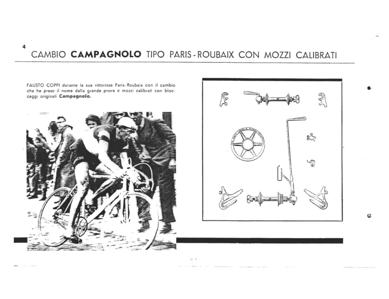 Campagnolo Catalog of about 1951 — The Corsa, Paris-Roubaix and Gran Sport Gears, Front Derailleurs, Hubs, Controls, Dropouts and Tools — page 6 of 24