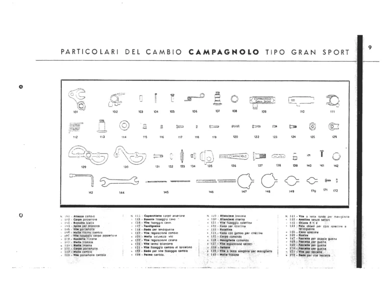 Campagnolo Catalog of about 1951 — The Corsa, Paris-Roubaix and Gran Sport Gears, Front Derailleurs, Hubs, Controls, Dropouts and Tools — page 11 of 24