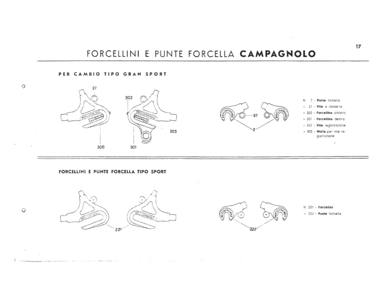 Campagnolo Catalog of about 1951 — The Corsa, Paris-Roubaix and Gran Sport Gears, Front Derailleurs, Hubs, Controls, Dropouts and Tools — page 19 of 24