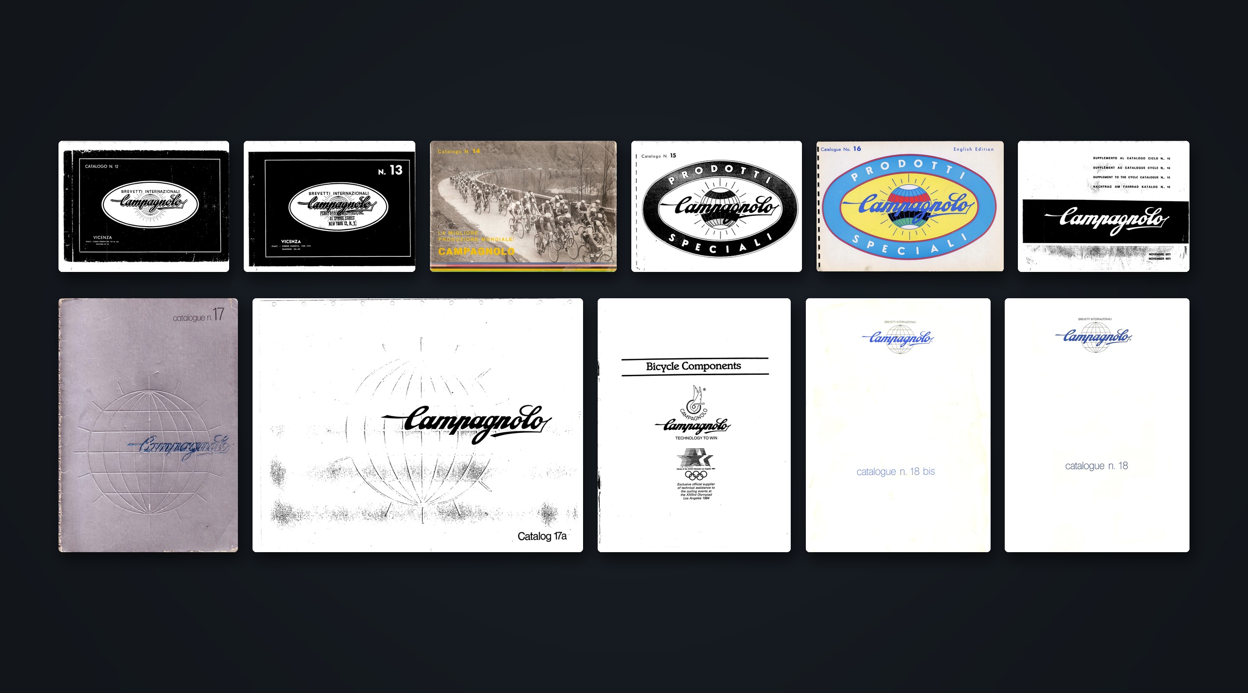 Eleven Campagnolo catalog covers arranged in date order on a dark background, from the black Catalogo N. 12 of about 1955 to the white catalogue n. 18 of 1986