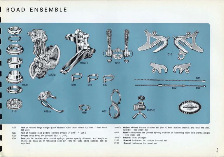 Campagnolo Catalogue No. 16 of about 1969, English Edition — Nuovo Record, Valentino Extra and Sport Extra Gears and the Record Sidepull Brakes — page 7 of 45