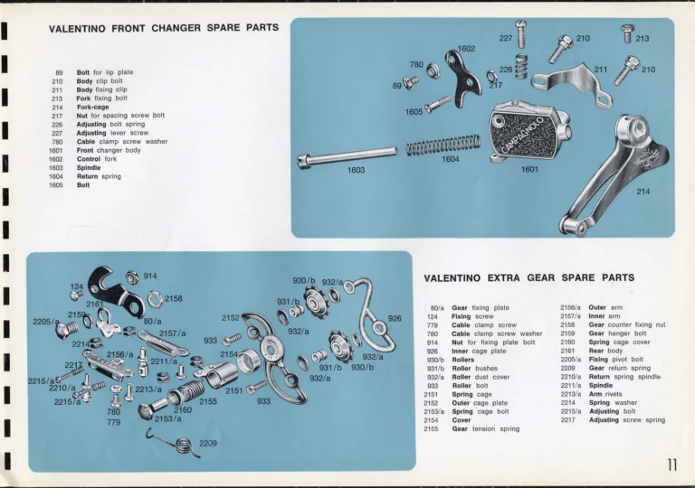 Campagnolo Catalogue No. 16 of about 1969, English Edition — Nuovo Record, Valentino Extra and Sport Extra Gears and the Record Sidepull Brakes — page 13 of 45