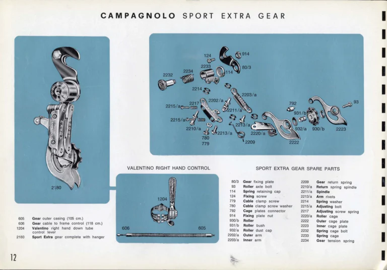 Campagnolo Catalogue No. 16 of about 1969, English Edition — Nuovo Record, Valentino Extra and Sport Extra Gears and the Record Sidepull Brakes — page 14 of 45