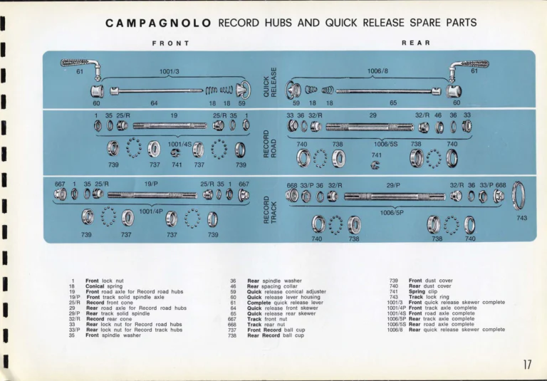 Campagnolo Catalogue No. 16 of about 1969, English Edition — Nuovo Record, Valentino Extra and Sport Extra Gears and the Record Sidepull Brakes — page 19 of 45