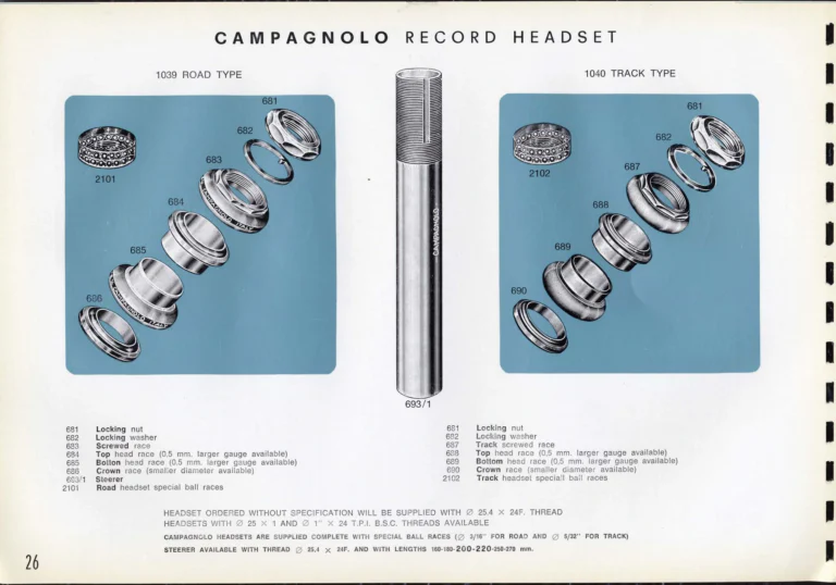 Campagnolo Catalogue No. 16 of about 1969, English Edition — Nuovo Record, Valentino Extra and Sport Extra Gears and the Record Sidepull Brakes — page 28 of 45