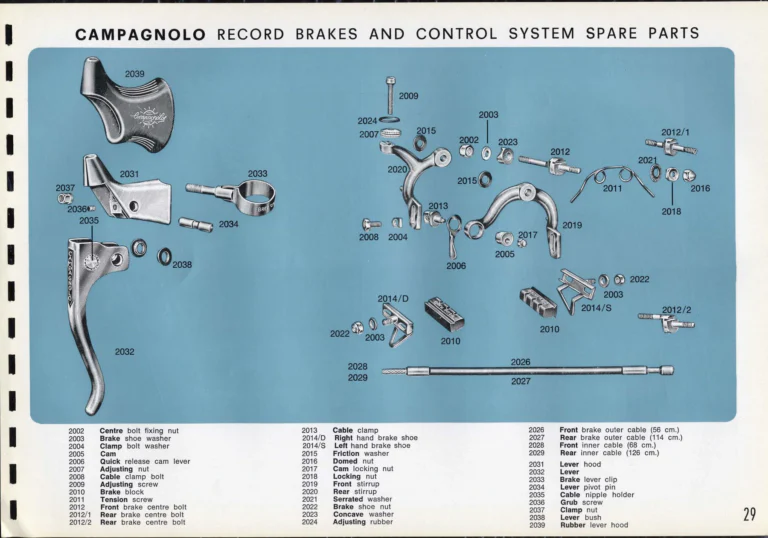 Campagnolo Catalogue No. 16 of about 1969, English Edition — Nuovo Record, Valentino Extra and Sport Extra Gears and the Record Sidepull Brakes — page 31 of 45