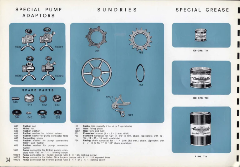 Campagnolo Catalogue No. 16 of about 1969, English Edition — Nuovo Record, Valentino Extra and Sport Extra Gears and the Record Sidepull Brakes — page 36 of 45