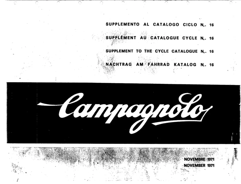 Campagnolo 1971 Supplement to Catalogue No. 16 — The Velox and Gran Turismo Gears, the Elefante Control and Superlight Record Parts — page 1 of 12