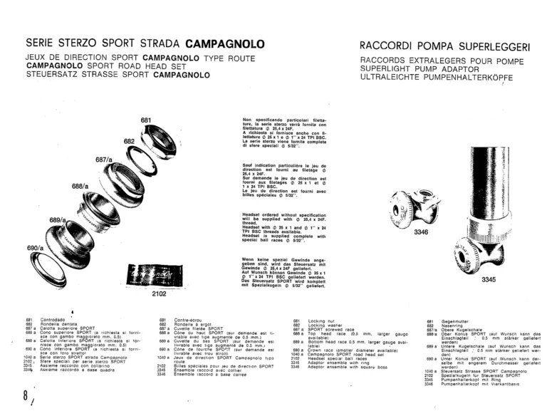 Campagnolo 1971 Supplement to Catalogue No. 16 — The Velox and Gran Turismo Gears, the Elefante Control and Superlight Record Parts — page 8 of 12