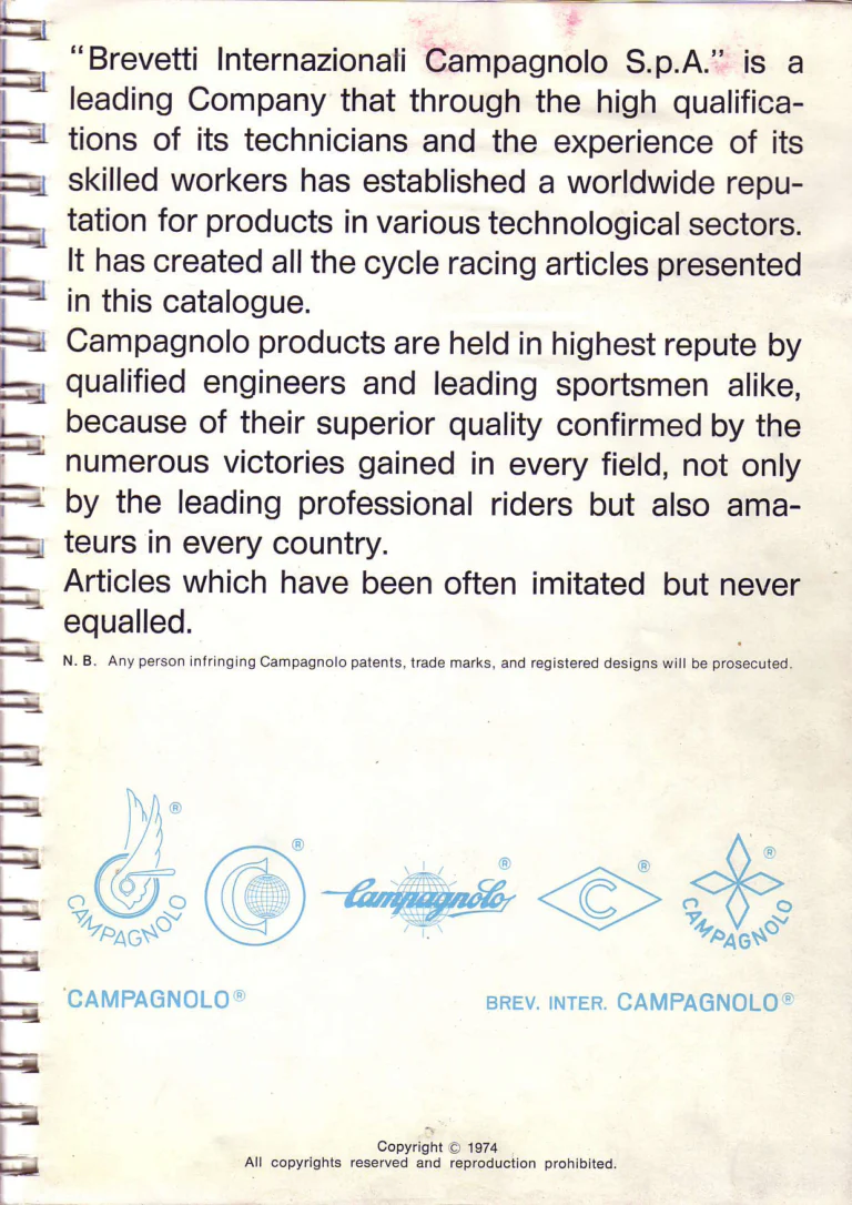 Campagnolo 1974 Catalogue No. 17 — Super Record in Titanium, Record, Gran Sport and Valentino Extra, with the Firm Beyond Bicycles — page 3 of 102