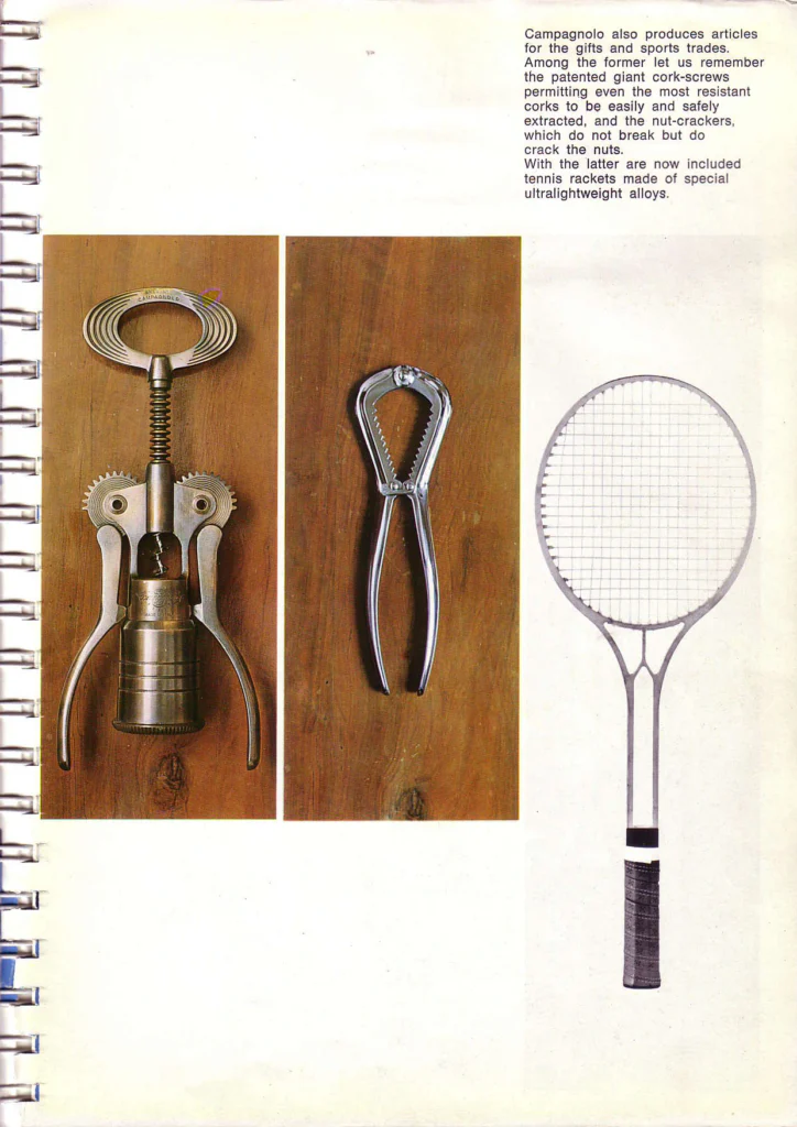 A catalog page with photographs of a Campagnolo lever corkscrew stamped Brev. Int. Campagnolo, a chrome nutcracker and an alloy tennis racket.