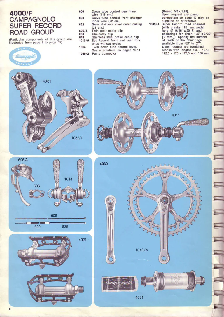 Campagnolo 1974 Catalogue No. 17 — Super Record in Titanium, Record, Gran Sport and Valentino Extra, with the Firm Beyond Bicycles — page 16 of 102