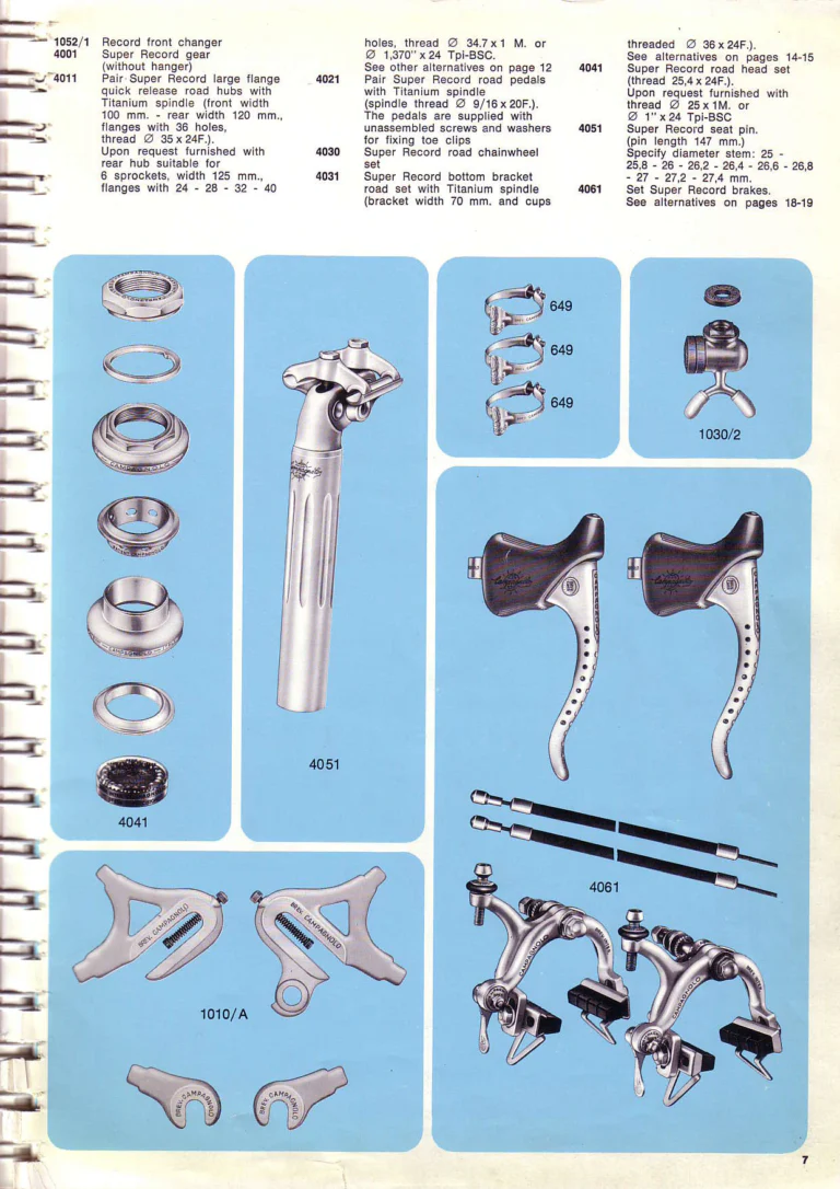 Campagnolo 1974 Catalogue No. 17 — Super Record in Titanium, Record, Gran Sport and Valentino Extra, with the Firm Beyond Bicycles — page 17 of 102