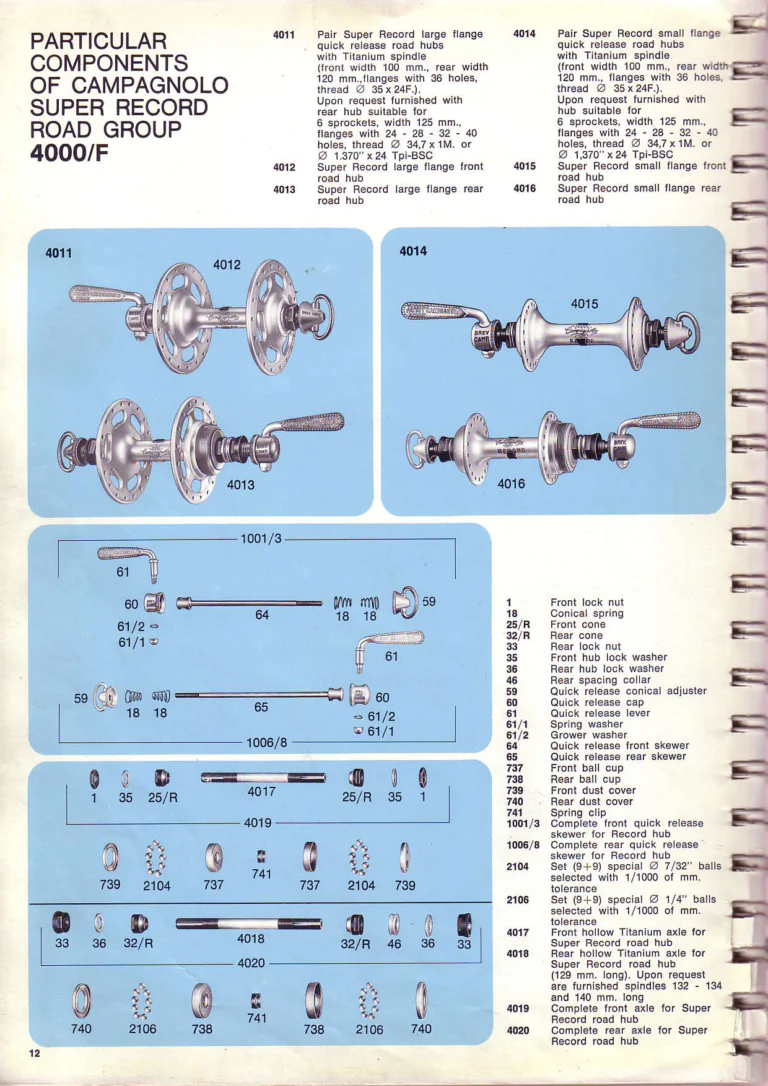 Campagnolo 1974 Catalogue No. 17 — Super Record in Titanium, Record, Gran Sport and Valentino Extra, with the Firm Beyond Bicycles — page 22 of 102