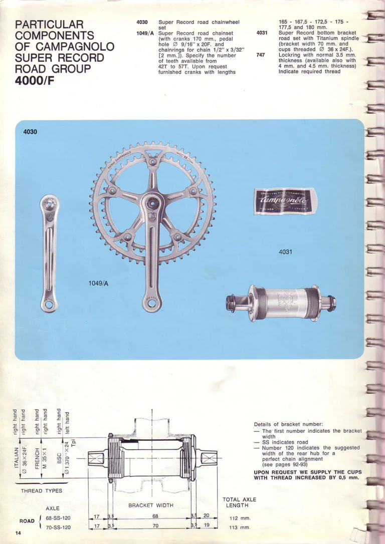 Campagnolo 1974 Catalogue No. 17 — Super Record in Titanium, Record, Gran Sport and Valentino Extra, with the Firm Beyond Bicycles — page 24 of 102
