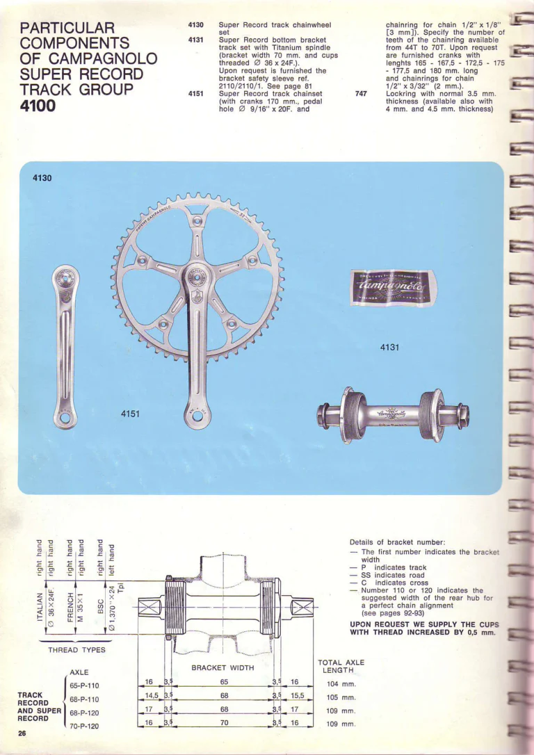 Campagnolo 1974 Catalogue No. 17 — Super Record in Titanium, Record, Gran Sport and Valentino Extra, with the Firm Beyond Bicycles — page 35 of 102