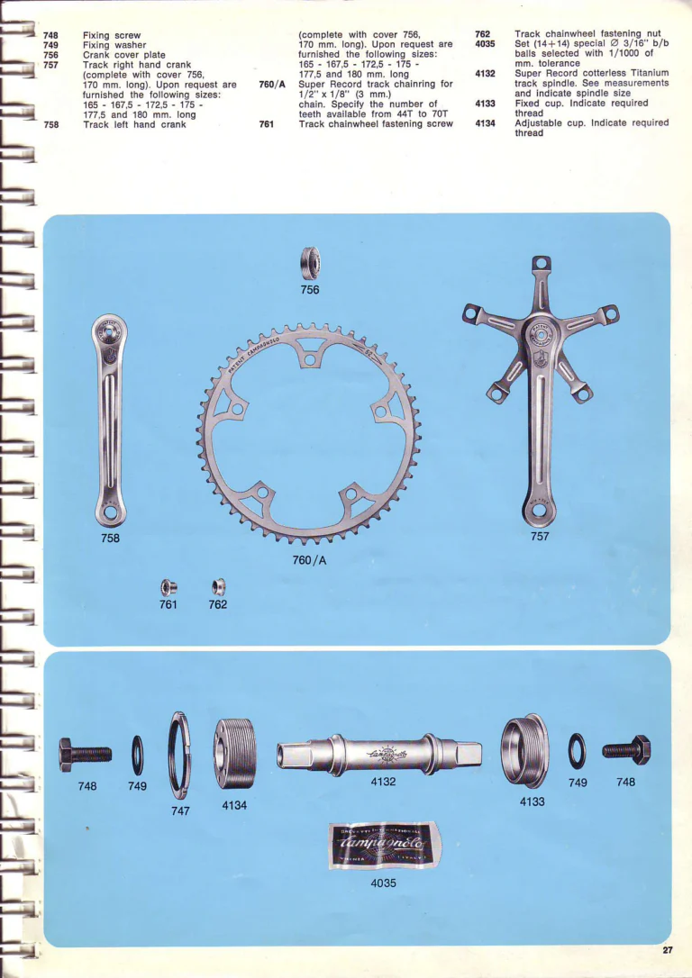 Campagnolo 1974 Catalogue No. 17 — Super Record in Titanium, Record, Gran Sport and Valentino Extra, with the Firm Beyond Bicycles — page 36 of 102