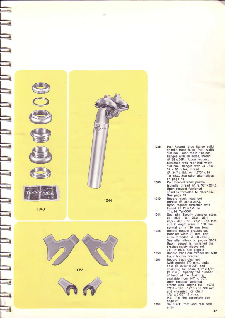 Campagnolo 1974 Catalogue No. 17 — Super Record in Titanium, Record, Gran Sport and Valentino Extra, with the Firm Beyond Bicycles — page 55 of 102