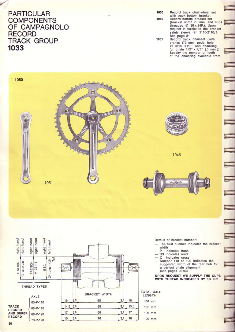 Campagnolo 1974 Catalogue No. 17 — Super Record in Titanium, Record, Gran Sport and Valentino Extra, with the Firm Beyond Bicycles — page 58 of 102