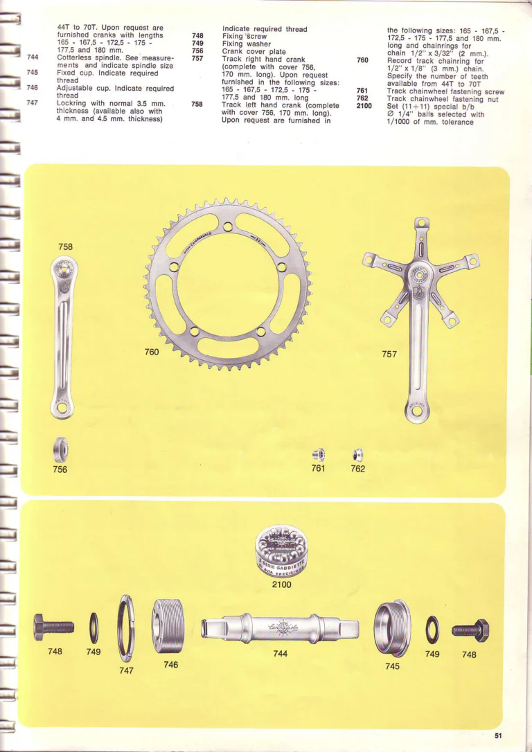 Campagnolo 1974 Catalogue No. 17 — Super Record in Titanium, Record, Gran Sport and Valentino Extra, with the Firm Beyond Bicycles — page 59 of 102