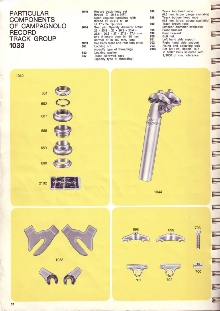 Campagnolo 1974 Catalogue No. 17 — Super Record in Titanium, Record, Gran Sport and Valentino Extra, with the Firm Beyond Bicycles — page 60 of 102