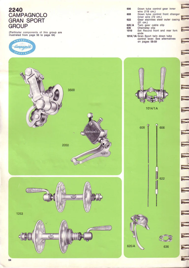 Campagnolo 1974 Catalogue No. 17 — Super Record in Titanium, Record, Gran Sport and Valentino Extra, with the Firm Beyond Bicycles — page 62 of 102